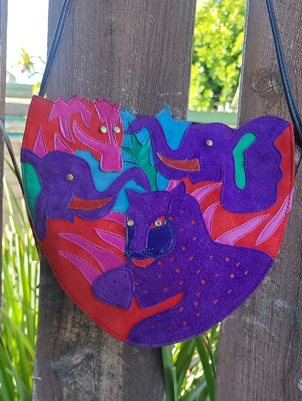 Beverly Feldman Purple Red Multicolor Suede Animal Applique Shoulder Bag
